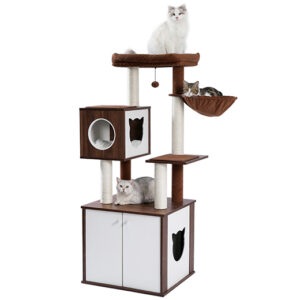 US Stock All-in-One Multi-Functional Cat Tree Modern Wood Cat Tower