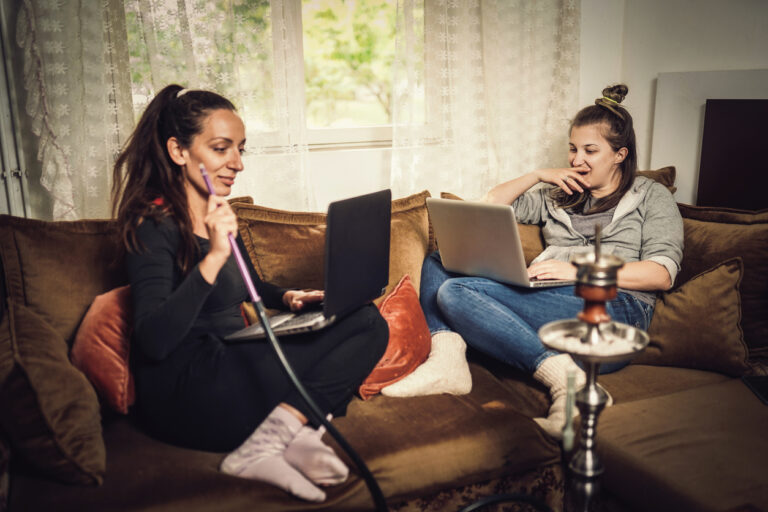 Two young female friends using laptop image