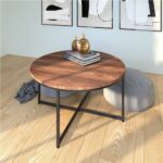 35 Round Wooden Coffee Table with Metal Frame Dark Brown