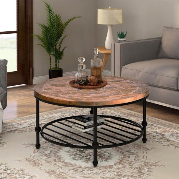 TREXM 35 Round Rustic Coffee Table with Storage Shelf Brown